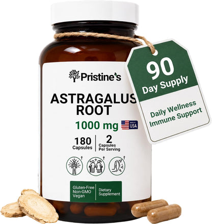 PRISTINE'S Astragalus Root 1000mg Capsules, Adaptogen, Vegan, 90 Day Supply | Lung health support from an herbal adaptogen used in Traditional Chinese medicine. 90 day supply, vegan, non-GMO, gluten-free