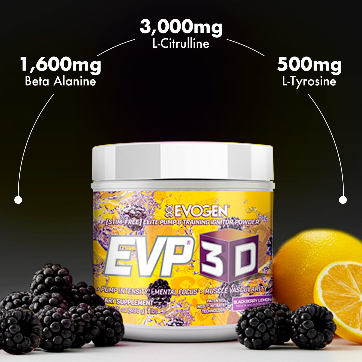 Evogen EVP 3D Stim Free Pre-Workout | Citrus Candy | 40 Servings | Arginine nitrate, L-citrulline, beta-alanine and creatine with lion's mane, L-tyrosine and DMAE for pumps and focus