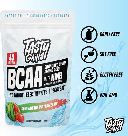 TASTY GAINS - Amino Acids Supplement - BCAA Powder, Amino Energy Powder, Essential Energy with Electrolytes, Essential BCAA & EAA with HMB - 45 Servings, Strawberry Watermelon