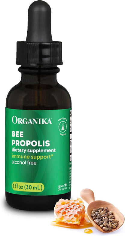 Organika Bee Propolis Tincture 1 oz: Vegan Propolis Extract - Throat and Breathing - Free of Gluten, GMO, & Artificial Flavors - 10 Day Prop Drops Supply