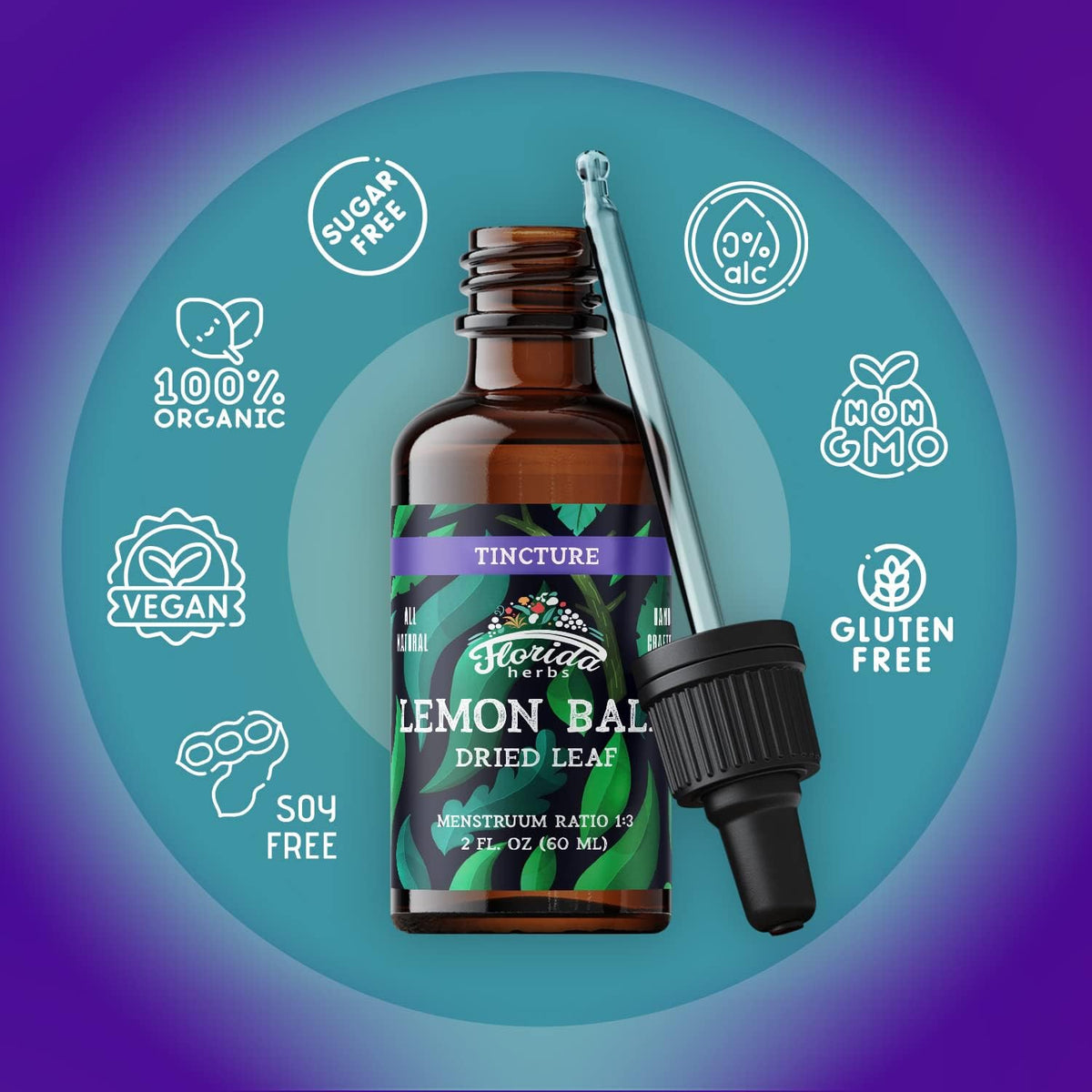Lemon Balm Tincture 2 oz – Organic Herbal Extract | Alcohol Free | Vegan Herbal Drops