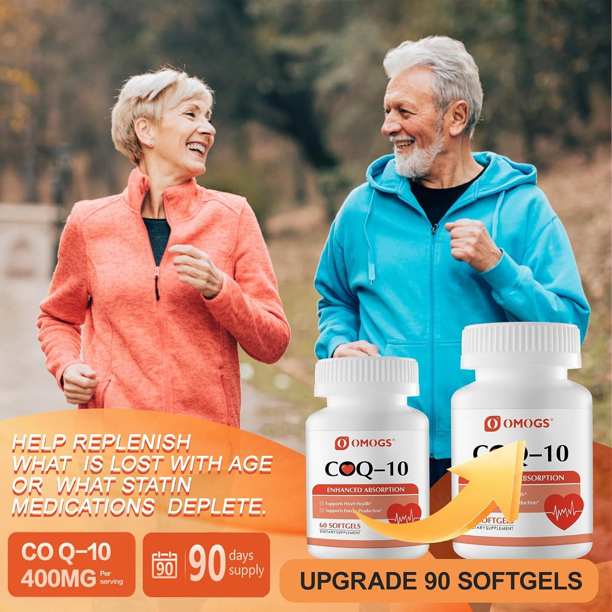 OMOGS CoQ10 400mg Softgels, Coenzyme Q10 High Absorption Supplements Support Heart Health, Cardiovascular Health, Immune System & Cellular Energy Production, Gluten Free, 90 Softgels