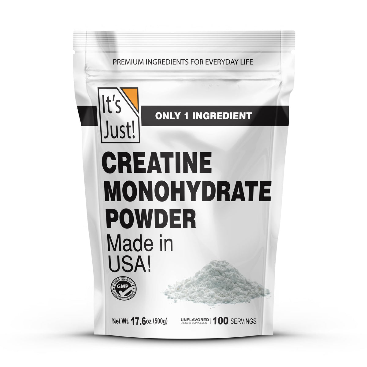 It's Just! - Creatine Monohydrate Powder, Pure Creatine Powder, Made in USA, 3rd Party Lab Tested, 5g Per Serving, Scoop Included, No Fillers, No Added Flavor (Unflavored, 500g / 100 Servings)