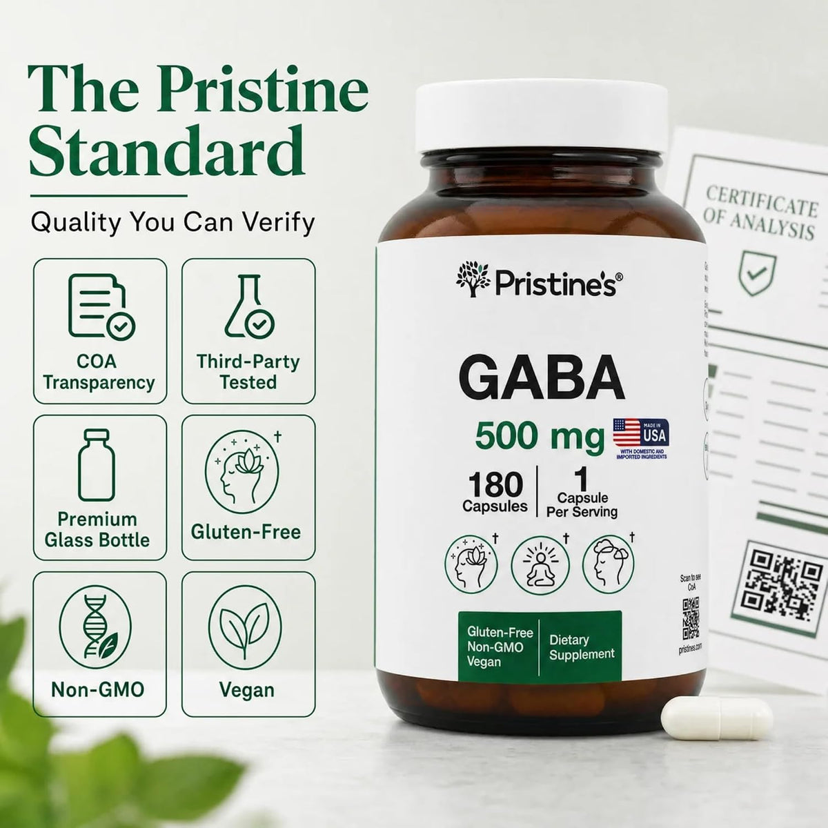 PRISTINE'S GABA 500mg Capsules Sleep Support, Relaxation, 180 Count, Vegan | Evening calm and relaxation support for a simple sleep routine. 180 servings, vegan, non-GMO, gluten-free glass bottle