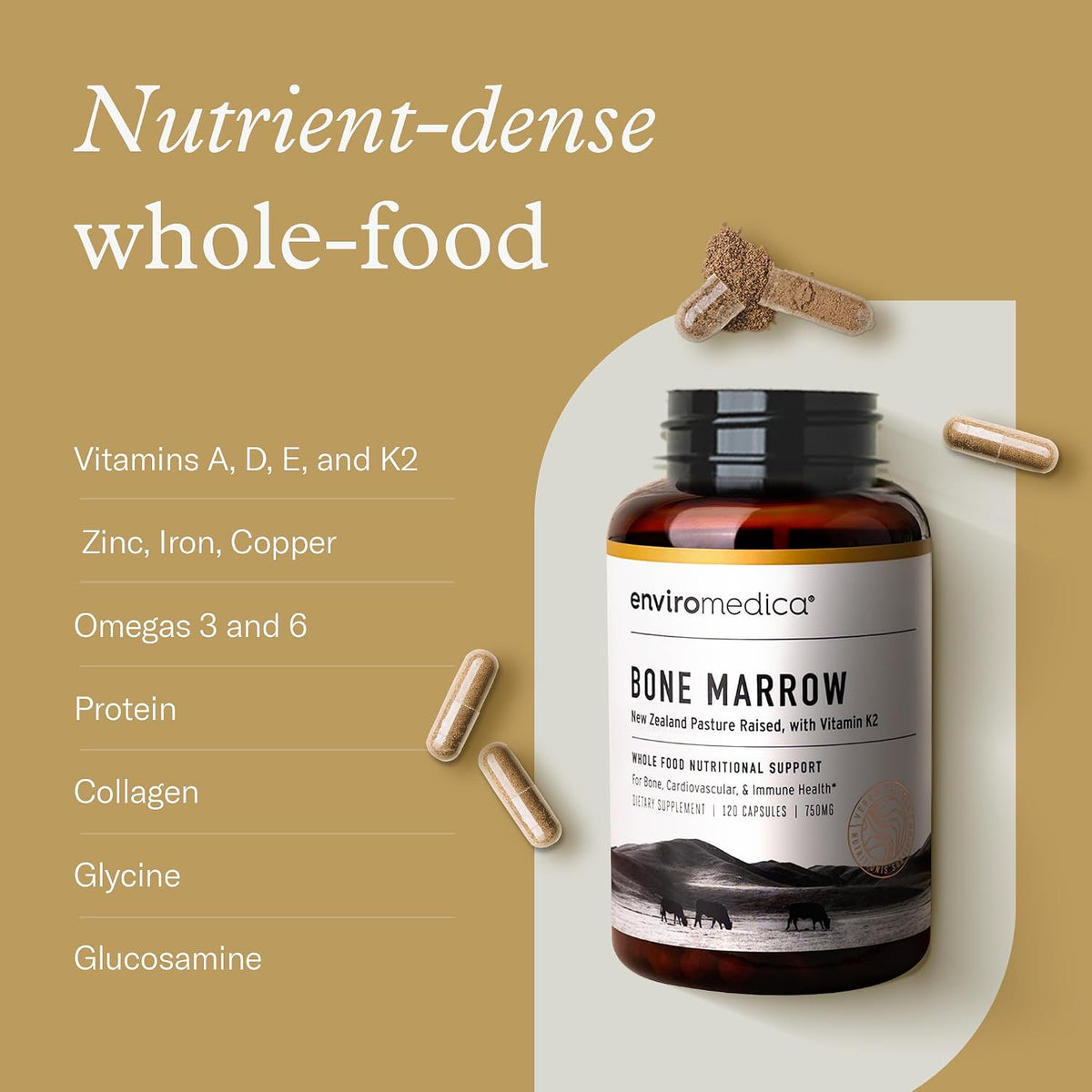 Enviromedica Grass-Fed Beef Bone Marrow Supplement, Collagen, 120 Ct | New Zealand beef bone marrow with MCHA, cartilage, collagen & vitamin K2. Freeze-dried whole-food supplement, 120 caps.