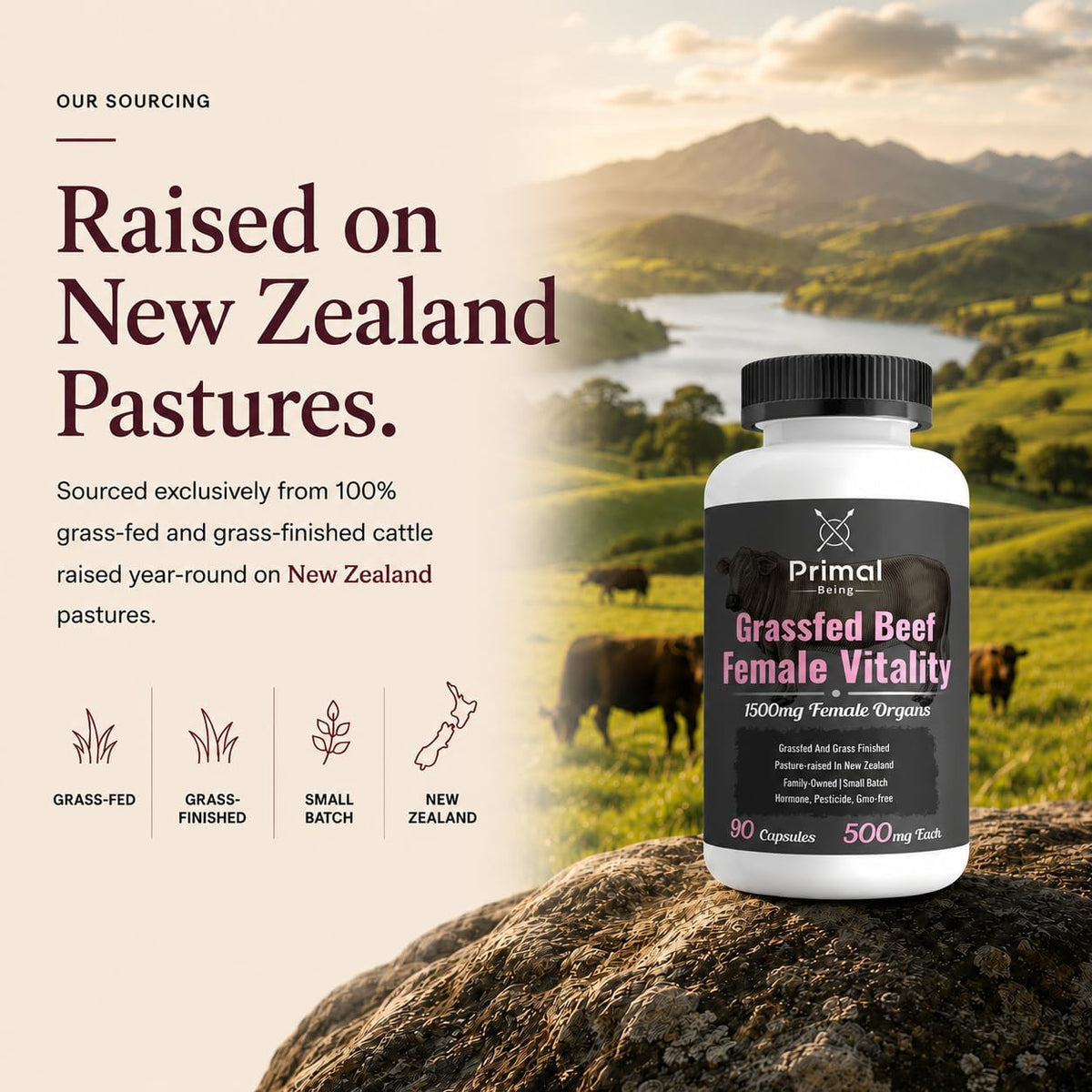 Primal Being Grassfed Beef Female Vitality Supplement- Supports Hormonal Health, Fertility, Inflammation, Energy - 90 Capsules, 1500mg per Serving