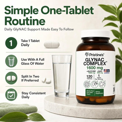 PRISTINE'S GlyNAC 1600mg Tablets, Glycine 1000mg + NAC 600mg, 120 Count | Glutathione support from glycine and NAC. Large scored tablets, 120 count, vegan, non-GMO, gluten-free, glass bottle