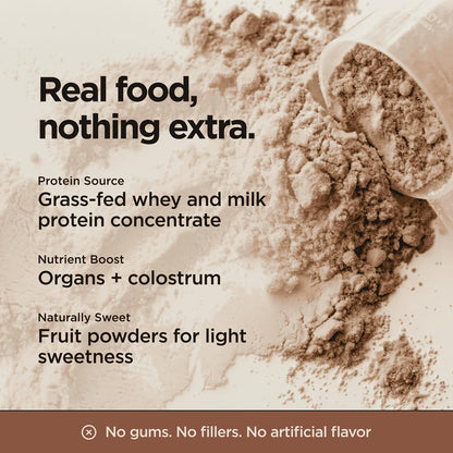 Lineage Provisions Chocolate Whey Protein Powder, 3.09 lbs | 20g complete grass-fed protein with organs, colostrum & fruit. No gums, fillers or artificial sweeteners.