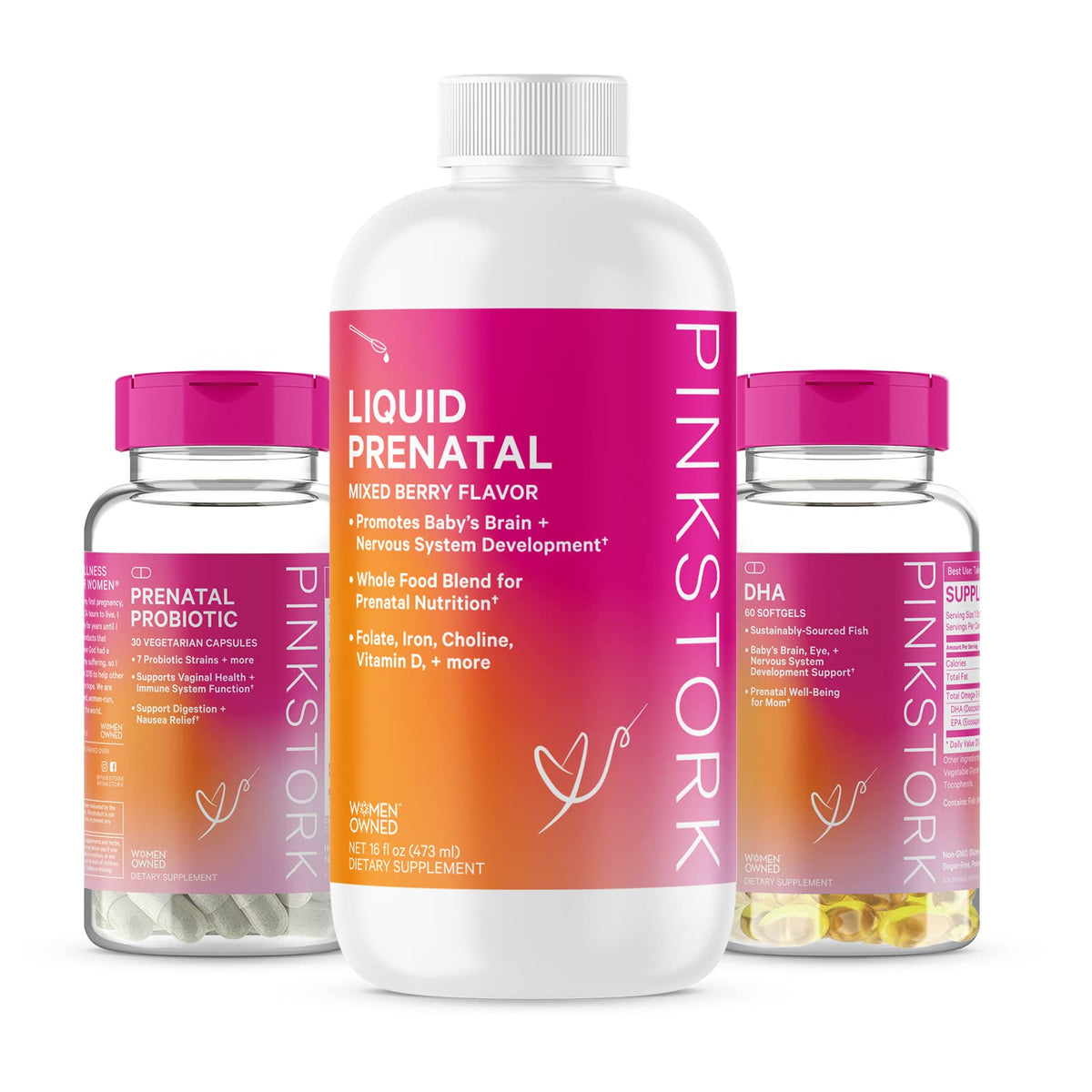 Pink Stork Liquid Prenatal Vitamin Bundle: Liquid Prenatal Vitamin with DHA and Folic Acid + Pro + DHA