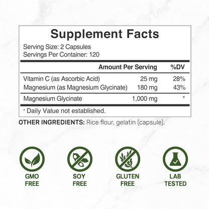 Magnesium Glycinate 500mg Per Capsule (1000mg Per Serving) Plus Vitamin C, 240 Capsules – 100% Chelated for Easy Absorption – Essential Mineral Supplement