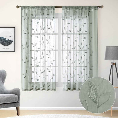HOMEIDEAS Sage Green Sheer Curtains 52 X 63 Inches Length 2 Panels Embroidered Leaf Pattern Pocket Faux Linen Floral Semi Sheer Voile Window Curtains/Drapes for Bedroom Living Room