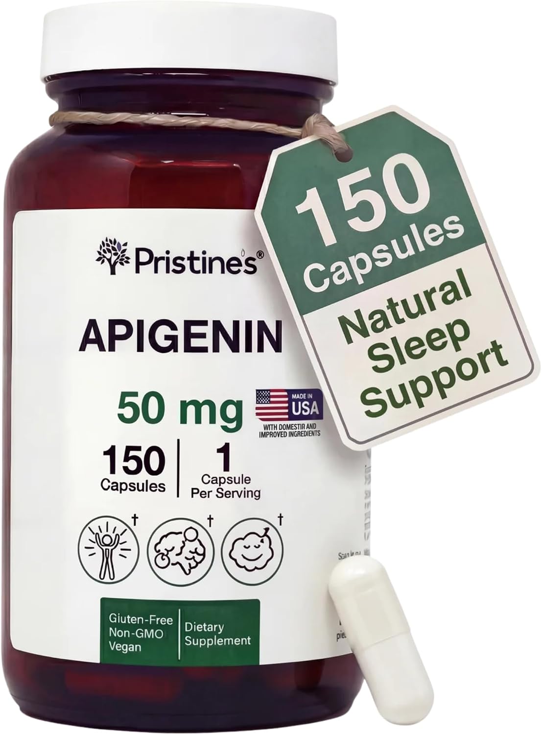 PRISTINE'S Apigenin 50mg Sleep Support Capsules, Vegan, 150 Day Supply | Evening relaxation and calm support in a simple one-capsule routine. 150 day supply, vegan, non-GMO, gluten-free