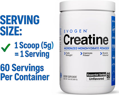 Evogen Creatine Monohydrate | Micronized | Unflavored | 60 Servings | Pure powder for strength, power and recovery; mixes easily, for men and women