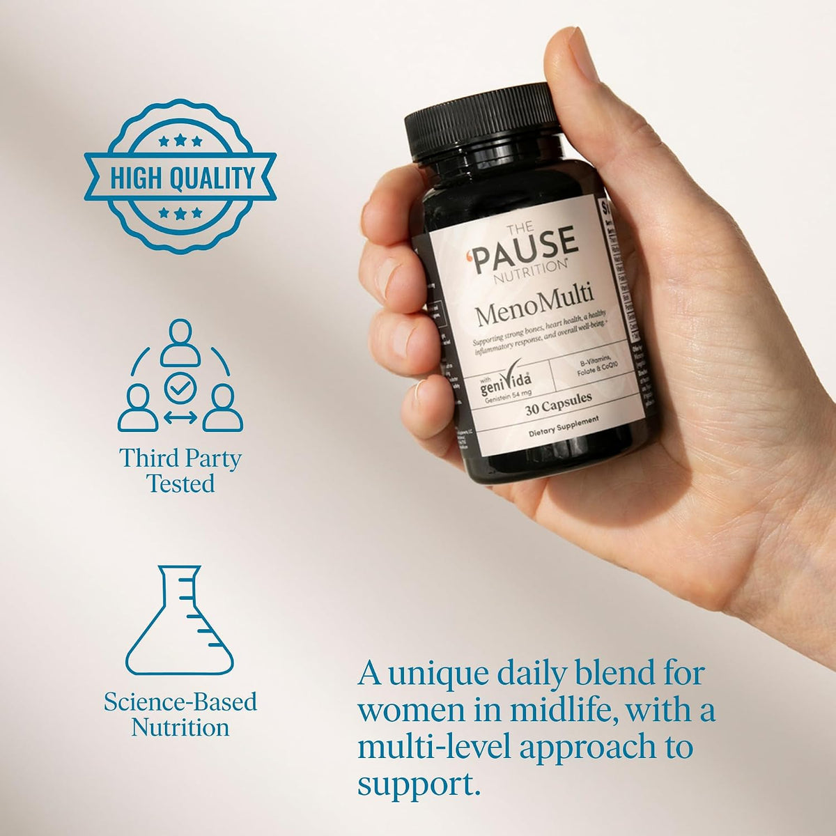 The 'Pause Life MenoMulti, Bone, Hair & Skin + Genistein, 30 Capsules | Biotin, B12, B6, folate & geniVida genistein formula for women. Supports hair, nails, skin, heart & bone health. Gluten free.