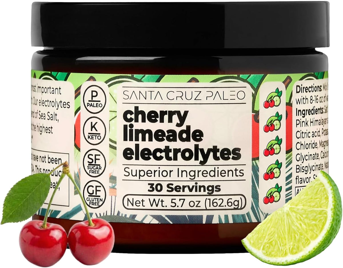 Santa Cruz Paleo Electrolyte Powder, Cherry Limeade, Sugar Free Hydration Drink Mix with Himalayan Pink Salt, Sea Salt, Magnesium Glycinate, Potassium Chloride, Sweetened with Stevia, 30 Servings