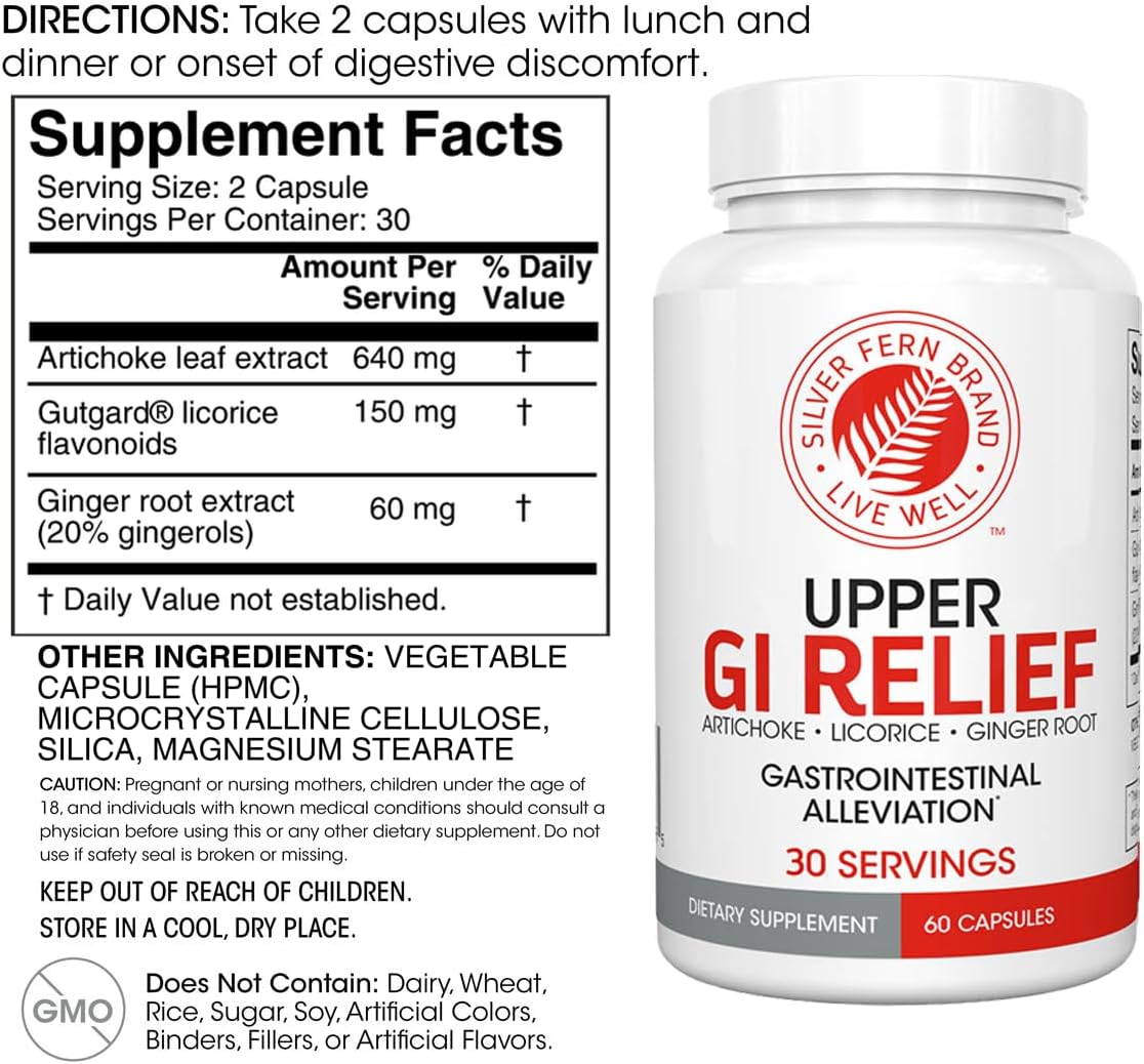 Silver Fern GI Relief - Natural Herbal Supplement 1 Bottle - 60 Capsules | 30-Day Supply All Natural With Artichoke Leaf Extract, Ginger Root Extract, and GutGuard Licorice Flavonoids.