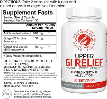 Silver Fern GI Relief - Natural Herbal Supplement 1 Bottle - 60 Capsules | 30-Day Supply All Natural With Artichoke Leaf Extract, Ginger Root Extract, and GutGuard Licorice Flavonoids.