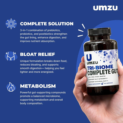 UMZU Tri-Biome Complete Probiotic Capsules, 30 Day Supply | 3-in-1 Probiotic, Prebiotic and Postbiotic Blend, Akkermansia and CoreBiome, Gut Balance, Digestive Health, Adults