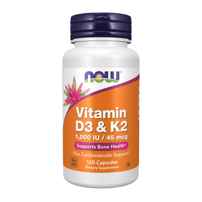 NOW Supplements, Vitamin D-3 & K-2, 1,000 IU/45 mcg,Plus Cardiovascular Support*, Supports Bone Health*, 120 veg Capsules