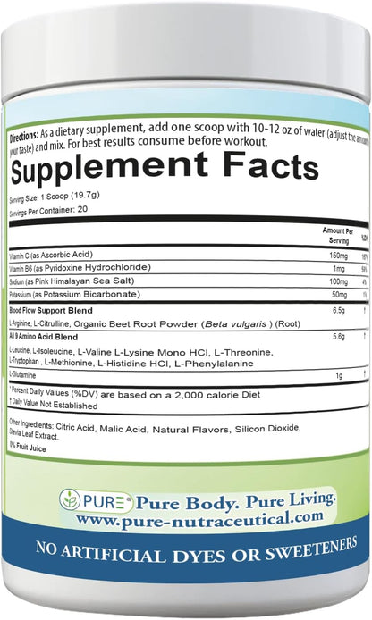 PURE® Amino+ Essential Amino Acids Powder - 30 Servings, 500g - Full Spectrum EAA with L-Arginine, L-Citrulline & Beet Root - Muscle Recovery & Hydration Drink - Fruit Punch Flavor, Made in USA
