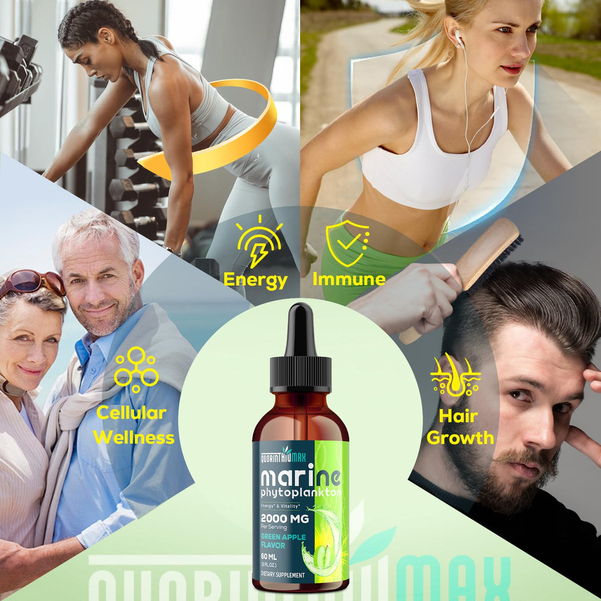Marine Phytoplankton Drops 2000mg - High Absorption Phytoplankton Supplement with Wheatgrass & Fo-ti for Cellular Wellness, Hair Growth, Energy & Immunity - Green Apple Flavor, 2 fl oz (Pack of 2)