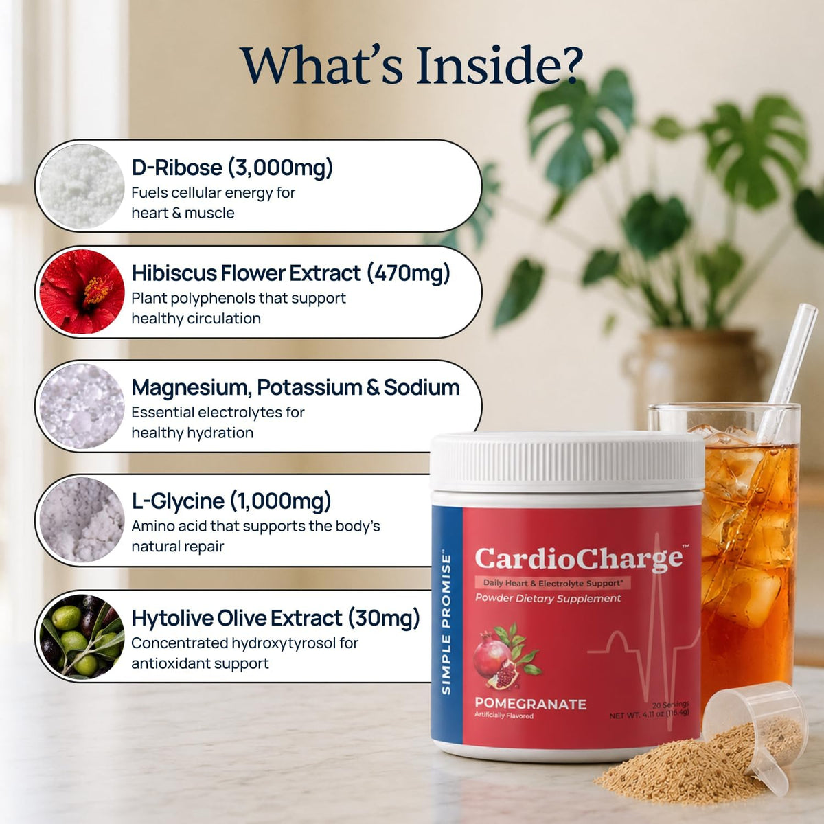 CardioCharge - Heart Health Drink Mix for Active Adults - D-Ribose Blend | Heart Drink Mix, Circulation and Hydration Support, Hibiscus and Magnesium, One Scoop in Water, Caffeine-Free