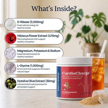 CardioCharge - Heart Health Drink Mix for Active Adults - D-Ribose Blend | Heart Drink Mix, Circulation and Hydration Support, Hibiscus and Magnesium, One Scoop in Water, Caffeine-Free