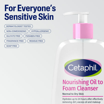 Cetaphil Nourishing Oil to Foam Facial Cleanser for Normal to Dry Skin, up to 24 Hour Hydration, 8 fl oz