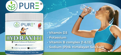 PURE® Hydravite Electrolyte & Vitamin Powder - 60 Servings - Strawberry Flavor - B-Complex & Vitamin C Hydration Multiplier for Energy & Muscle Recovery - Sugar Free - Made in USA