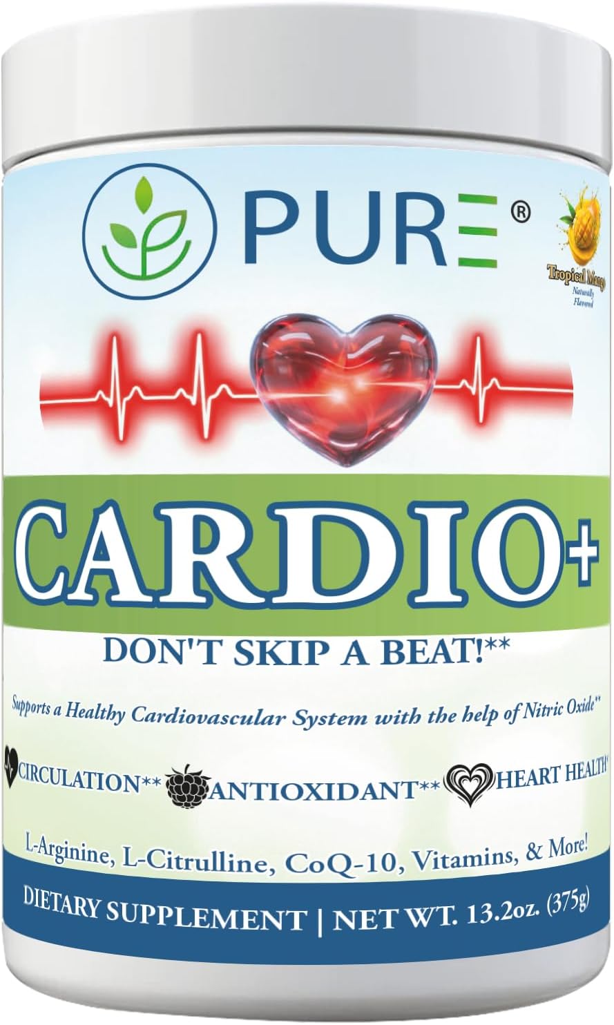 PURE® Cardio+ Nitric Oxide Heart & Circulation Support - 5000mg L-Arginine & 1000mg L-Citrulline - Mango, 30 Servings Powder, 375 Grams - CoQ10 Beet Root - High Potency Cardiovascular Formula