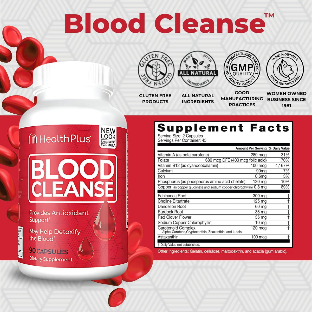 Health Plus Blood Cleanse Herbal Supplement, 90 Capsules, 45 Servings | Gluten free herbal ingredients; supports healthy blood circulation and everyday overall wellness