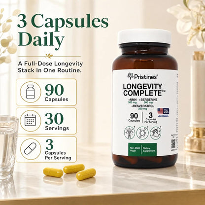 PRISTINE'S Longevity Complete NMN Resveratrol Anti-Aging Cellular Support | NMN, resveratrol and berberine in one longevity stack for anti-aging cellular support. Vegan, non-GMO, 90 count glass bottle