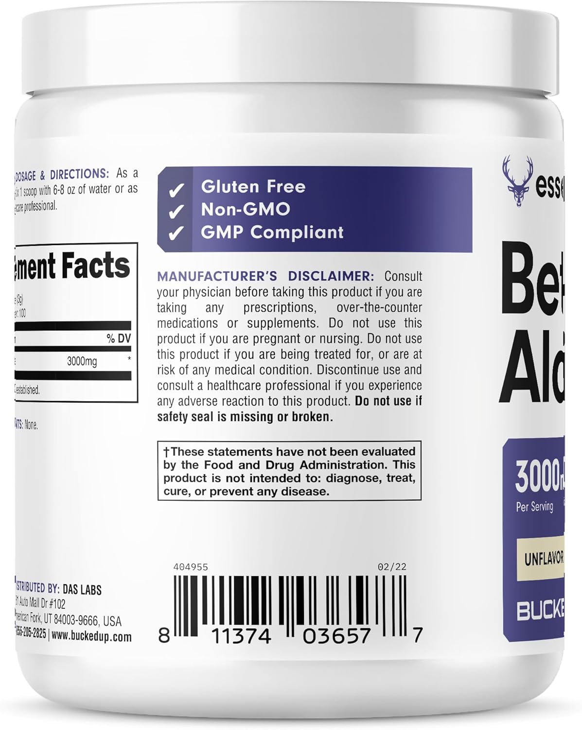 Bucked Up Beta Alanine 300mg Powder, Non-GMO, Gluten-Free, Unflavored (100 Servings)