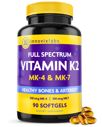 InnovixLabs Full Spectrum Vitamin K2-90 Softgels with 600 mcg of Trans Form MK7 and MK4 - Supports General Health and Bone Strength - Soy and Gluten Free K2 Vitamin Supplement