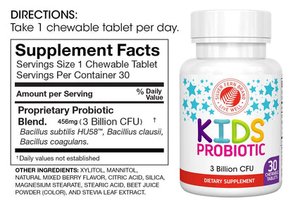 Silver Fern Brand Kids Ultimate Probiotic - 1 Bottle - 30 Chewable Tablets | Sugar & Gluten Free - Children's Dietary Supplement - DNA & Survivability Verified - Digestive & Immune Support