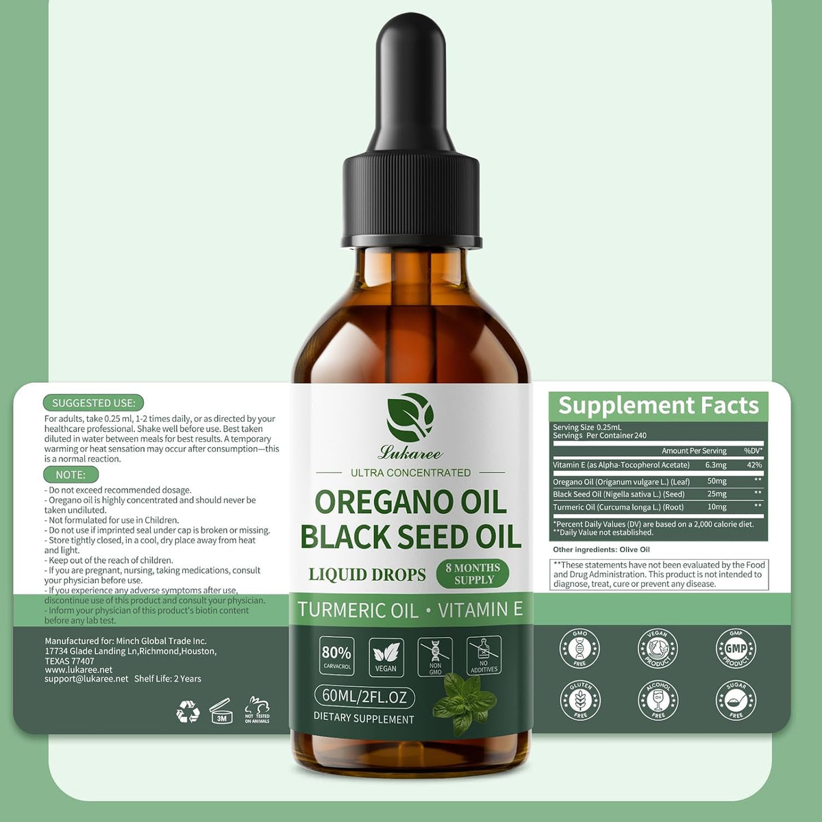Oil of Oregano Drops with Black Seed Oil, 80% Carvacrol, 8 Month Supply | Immune, Digestive, Detox & Natural Cleanse for Humans*, Undiluted Oregano Oil with Turmeric Oil, Vitamin E & Olive Oil Based