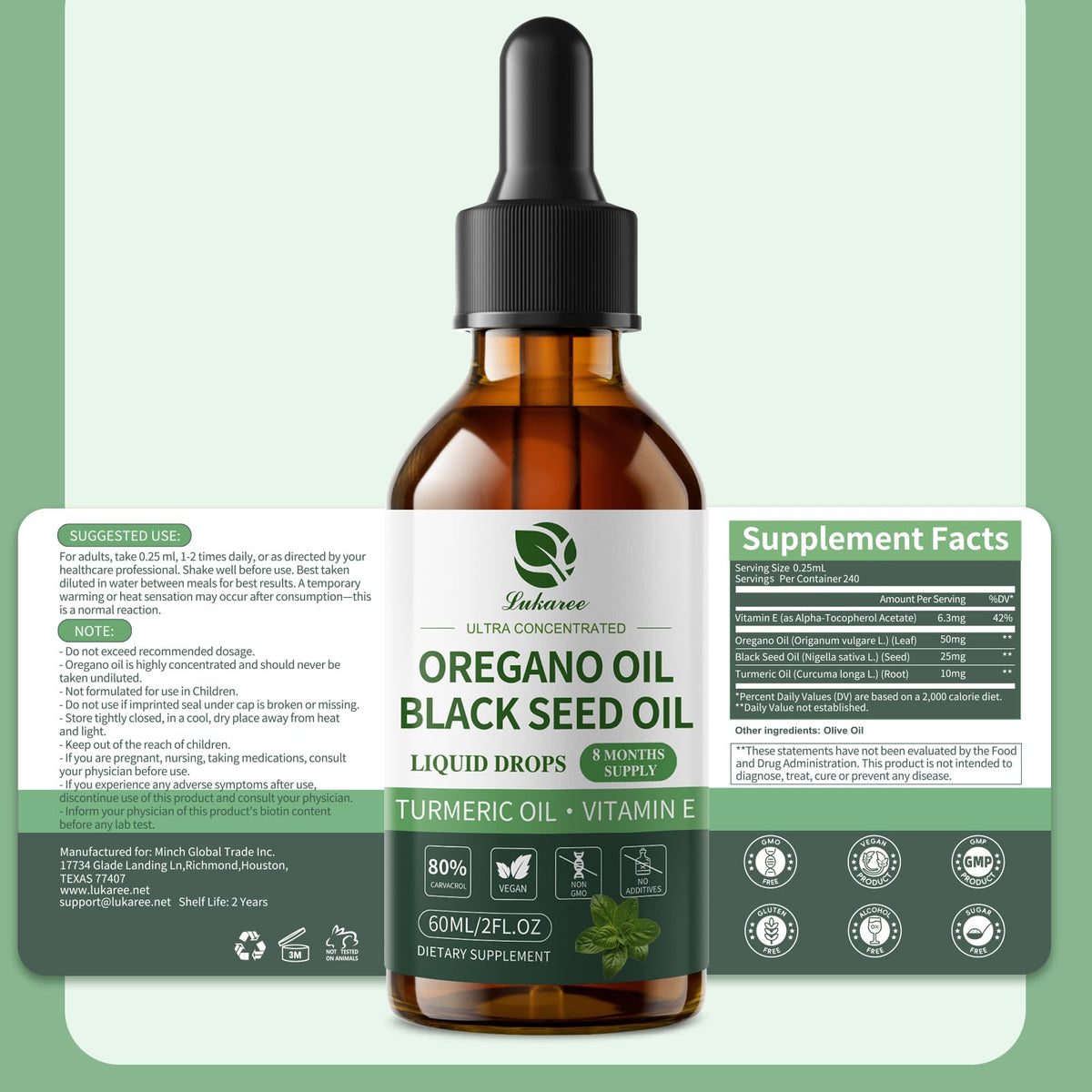 Oil of Oregano Drops with Black Seed Oil, 80% Carvacrol, 8 Month Supply | Immune, Digestive, Detox & Natural Cleanse for Humans*, Undiluted Oregano Oil with Turmeric Oil, Vitamin E & Olive Oil Based