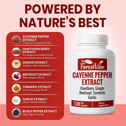 Cayenne Pepper Capsules, 7-in-1 Blend with Hawthorn, Ginger, Beetroot, Garlic & Turmeric, 120 Vegan Capsules, 2 Month Supply, Non-GMO and Gluten Free Capsaicin Pills