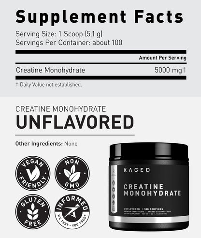 Kaged Creatine Monohydrate Micronized Powder | Unflavored | Muscle Building & Recovery | 5000 mg Per Serving | Vegan, Gluten Free, Easily Digestible | Supplements for Men & Women | 100 Servings