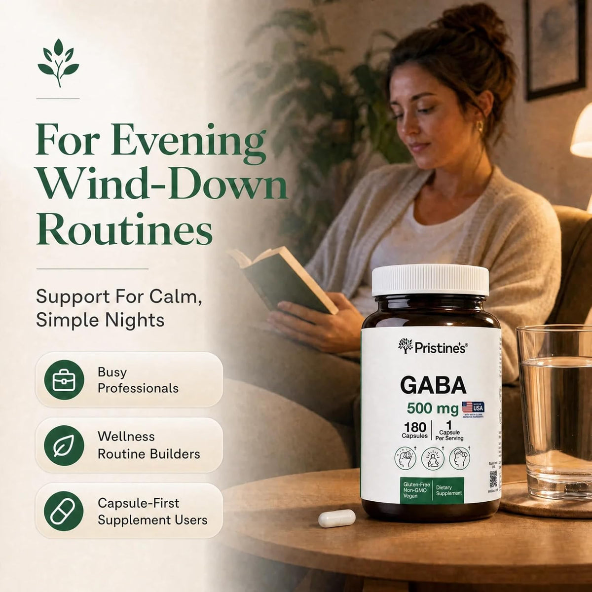PRISTINE'S GABA 500mg Capsules Sleep Support, Relaxation, 180 Count, Vegan | Evening calm and relaxation support for a simple sleep routine. 180 servings, vegan, non-GMO, gluten-free glass bottle