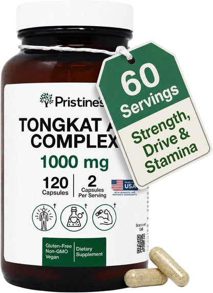 PRISTINE'S Tongkat Ali Complex 1000mg with Tribulus, Vegan, 120 Capsules | Strength, drive and stamina support from a 100:1 root extract blend. Vegan, non-GMO, gluten-free, 120 capsules