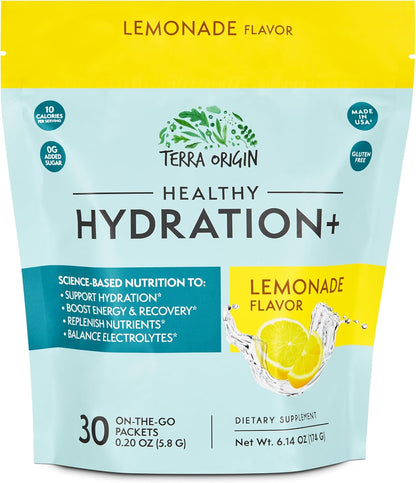 TERRA ORIGIN Healthy Hydration+ Electrolyte Powder Packets | Sugar Free, Gluten Free Drink Mix | Lemonade | 30 Servings (1-Pack)