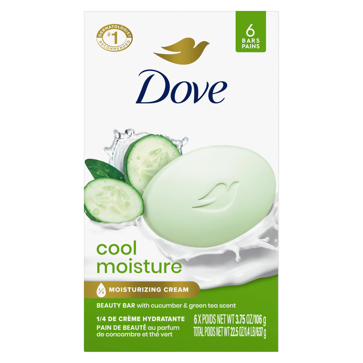 Dove Beauty Bar Soap Cool Moisture Cucumber & Green Tea Scent, 6 Bars for Refreshed Skin, Leaves Skin Refreshed 3.75 oz
