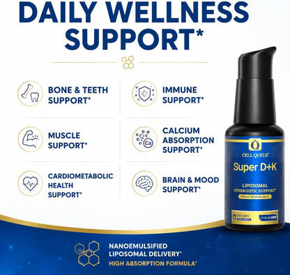 Liposomal Vitamin D3 K2 Liquid 5000 IU – Nanoemulsified D3 + Vitamin K2 MK-7 for High Absorption, Bone & Muscle Support, Immune Health, Calcium Absorption Support, Non-GMO, 50 Servings