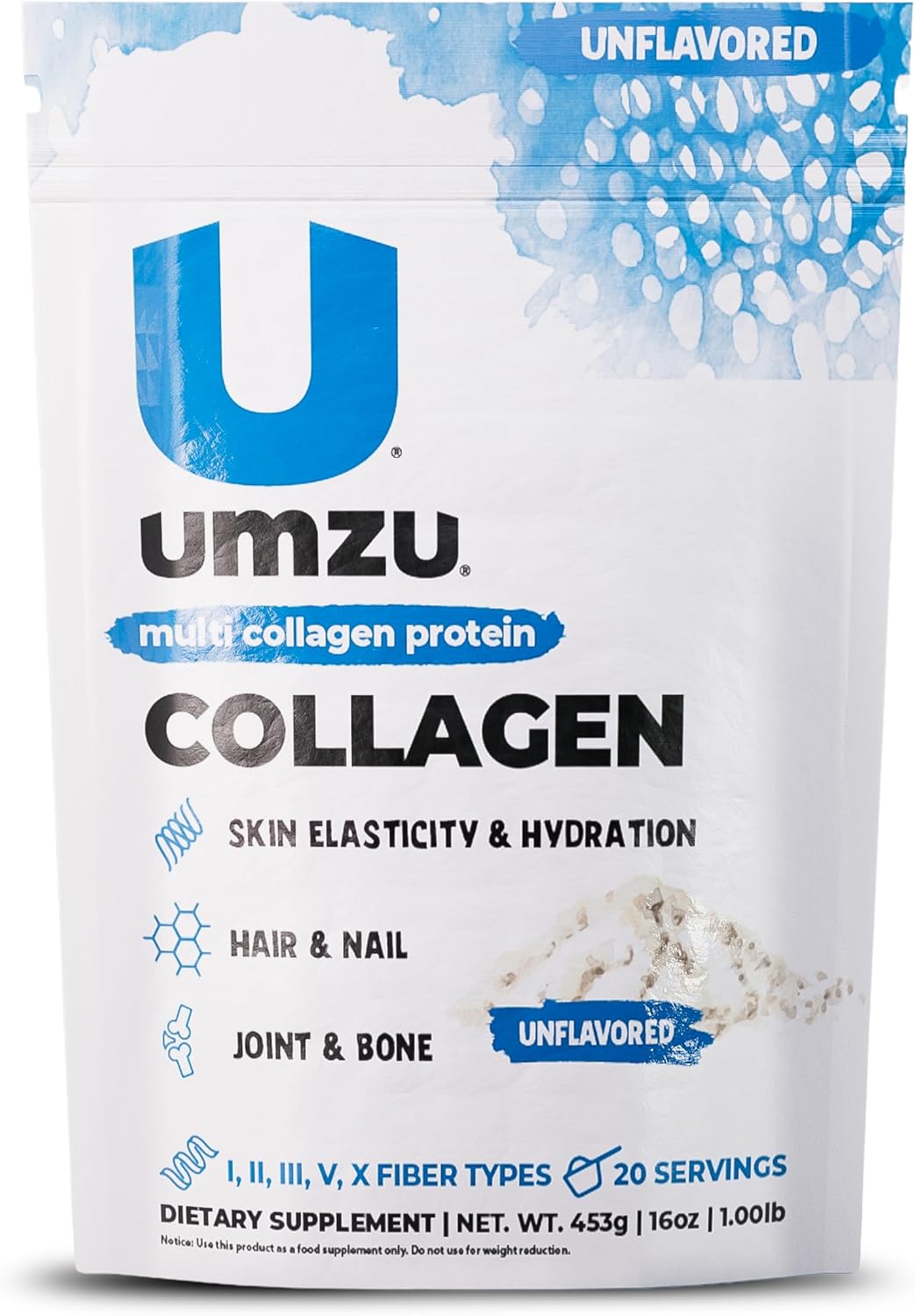 UMZU zuCollagen Collagen Peptides Powder, Unflavored | 5 Collagen Types I, II, III, V and X, Hydrolyzed Collagen Peptides, Hair, Skin, Joint and Daily Recovery Support