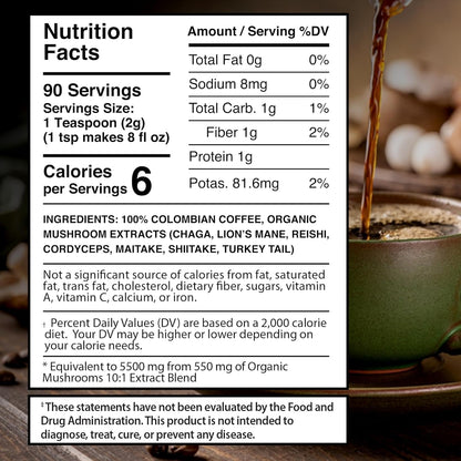 Mushroom Coffee, 90 Servings Organic Mushrooms Instant Coffea, Great Tasting Colombian Keto Coffee, 7 Superfood Mishrooms Lions Mane, Chaga, Reishi, Cordyceps, Maitake, Shiitake, and Turkey Tail