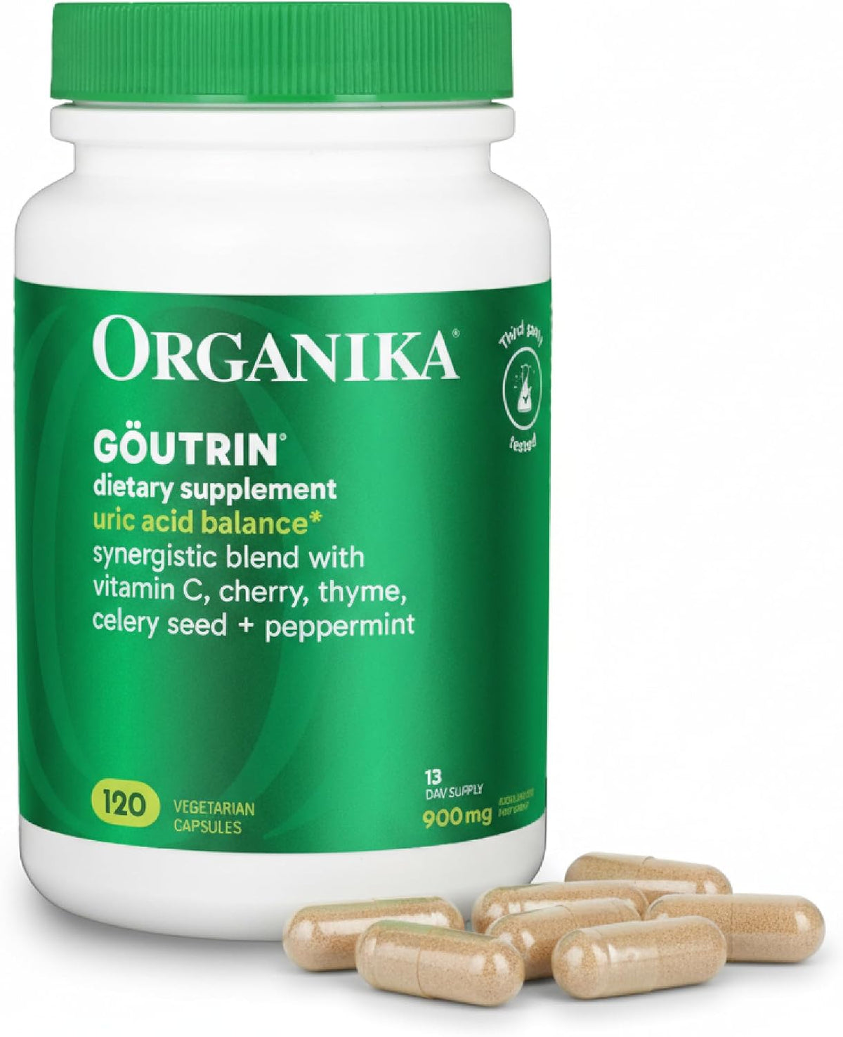 Organika Goutrin Uric Acid Flush for Gout (120 Caps): Gentle Gout Support with Cherry, Thyme, Celery Seed, Peppermint, & VIT C: Clean & Vegan Gout Supplements for Men & Women - Metabolism & Mobility