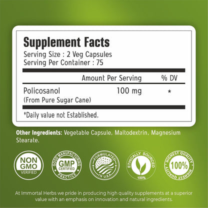 Policosanol 100mg Capsules, Derived from Sugar Cane, 150 Pills, Non-GMO and Gluten-Free Policosanol Supplement for Women and Men