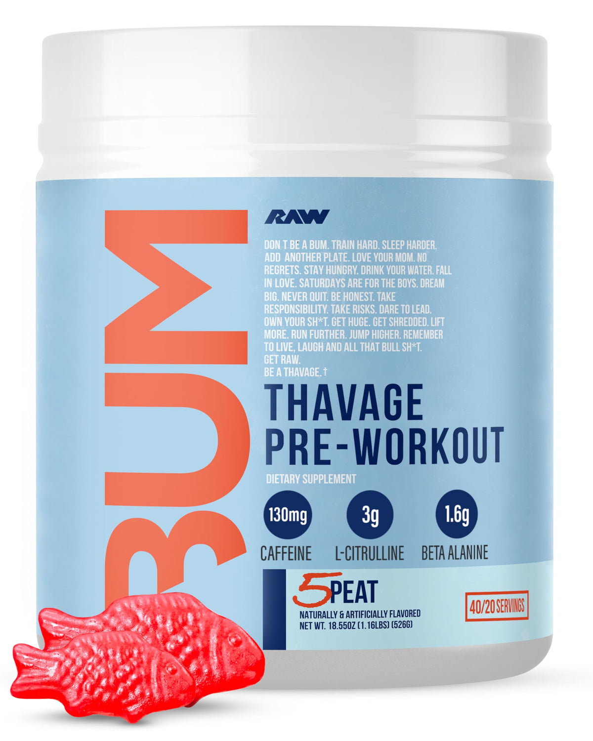 RAW Pre Workout Powder, Thavage (Beach Bum) - Chris Bumstead Sports Nutrition Supplement for Men & Women - Cbum Pre Workout for Working Out, Hydration, Mental Focus & Energy - 40 Servings