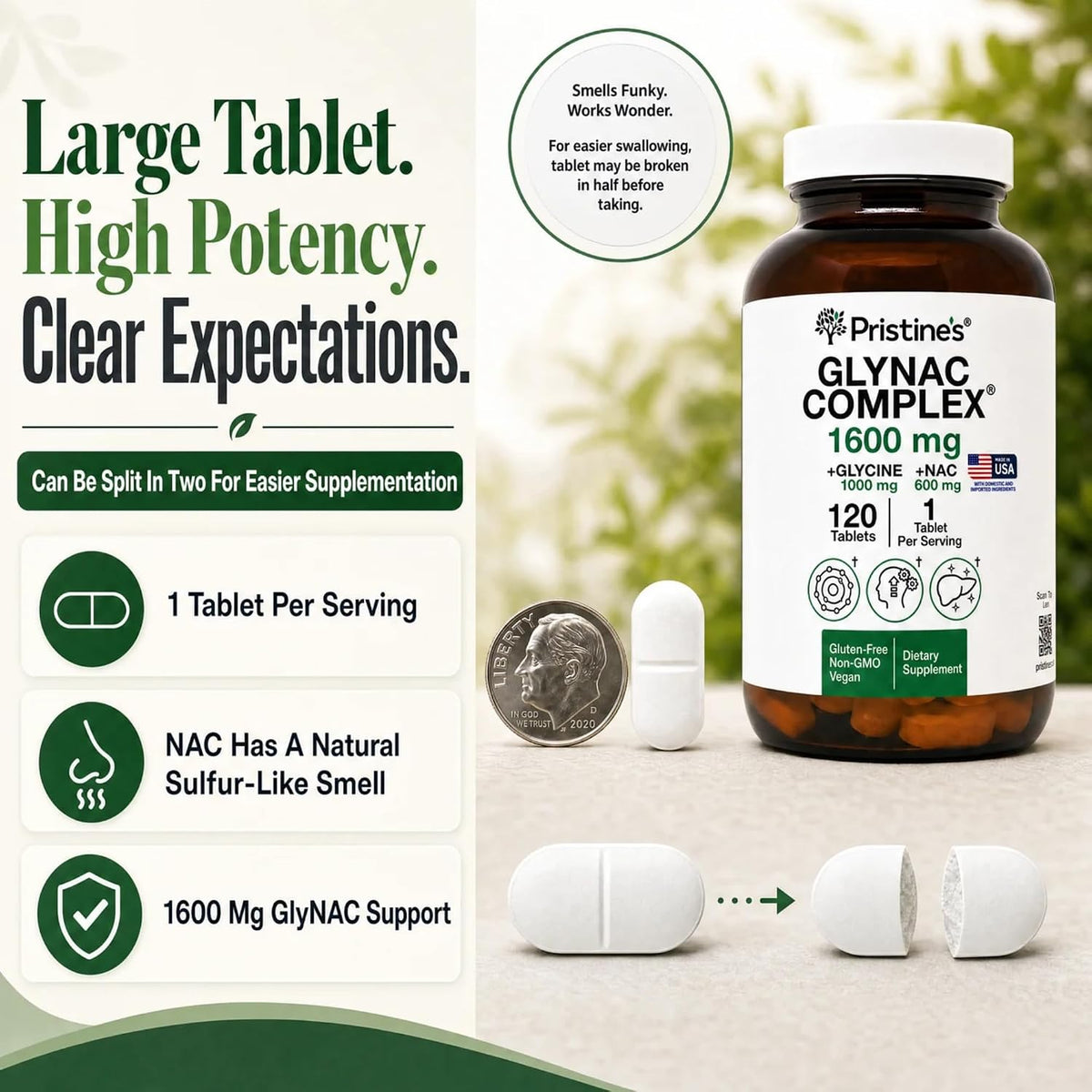 PRISTINE'S GlyNAC 1600mg Tablets, Glycine 1000mg + NAC 600mg, 120 Count | Glutathione support from glycine and NAC. Large scored tablets, 120 count, vegan, non-GMO, gluten-free, glass bottle